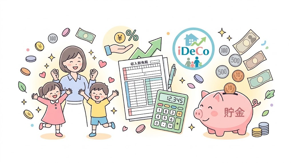 貯金箱と電卓とiDeCoで節税するフラットイラスト