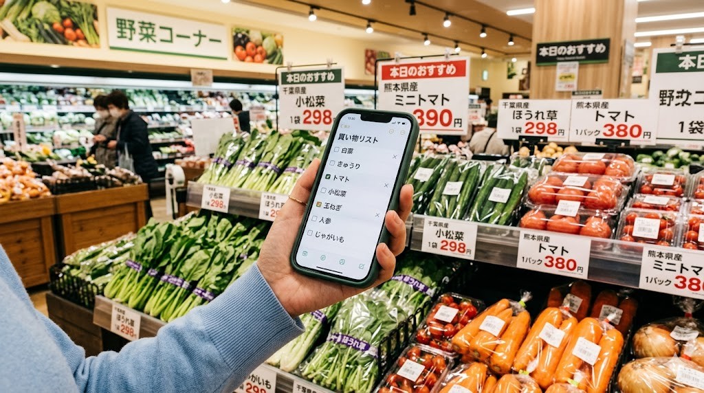 スーパーでスマホの買い物リストアプリをチェックする手元