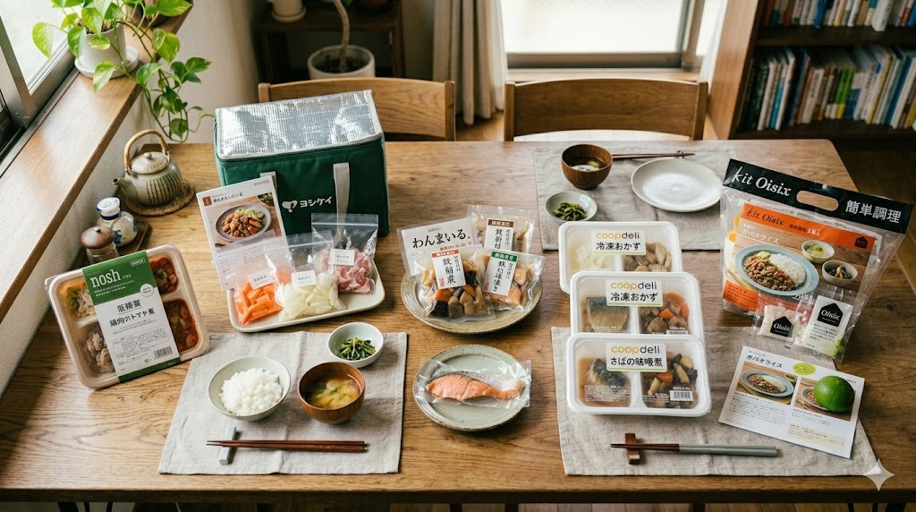 テーブルに並んだ5種類の宅配弁当・ミールキット