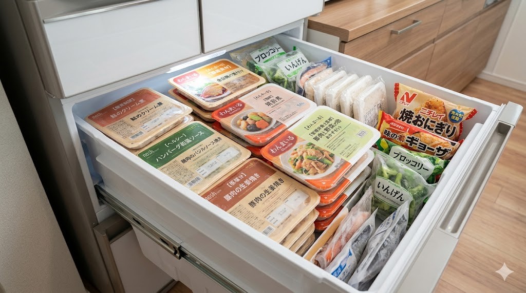 整理された冷凍庫に宅配弁当パックがストックされている