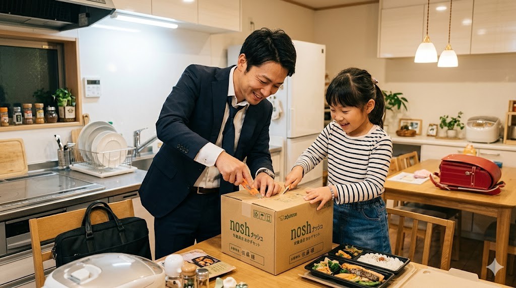 仕事帰りの父親と娘が宅配弁当の箱を開けている様子