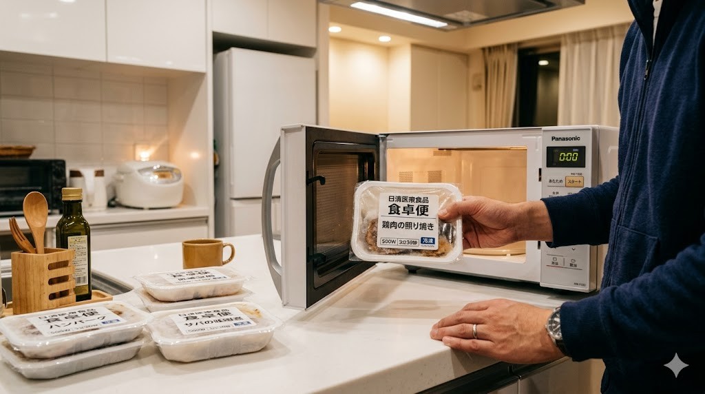 キッチンで冷凍宅配弁当を電子レンジに入れる父親