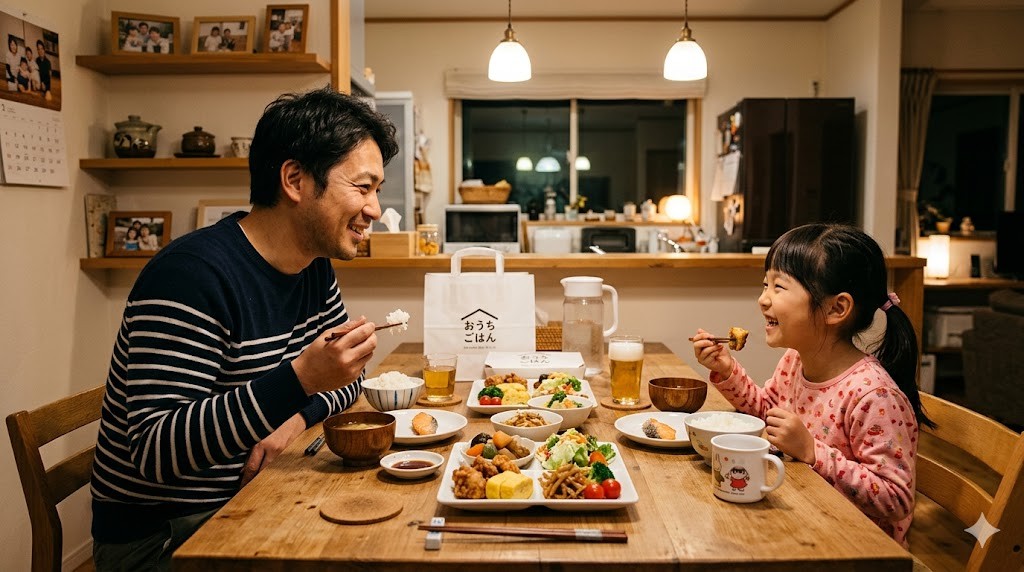 宅配弁当のおかずを食べる父親と娘の笑顔