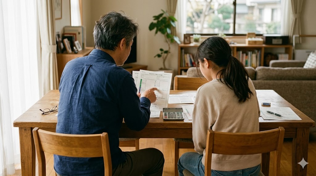 父親と娘が並んで確定申告書類を確認するシーン