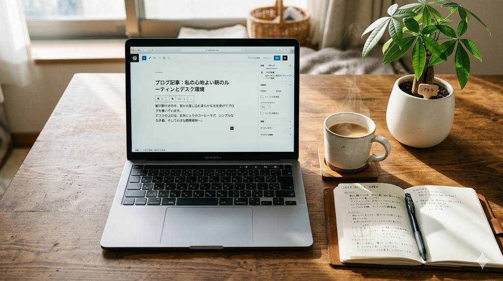 ブログ作業のノートPCとコーヒーマグの俯瞰写真