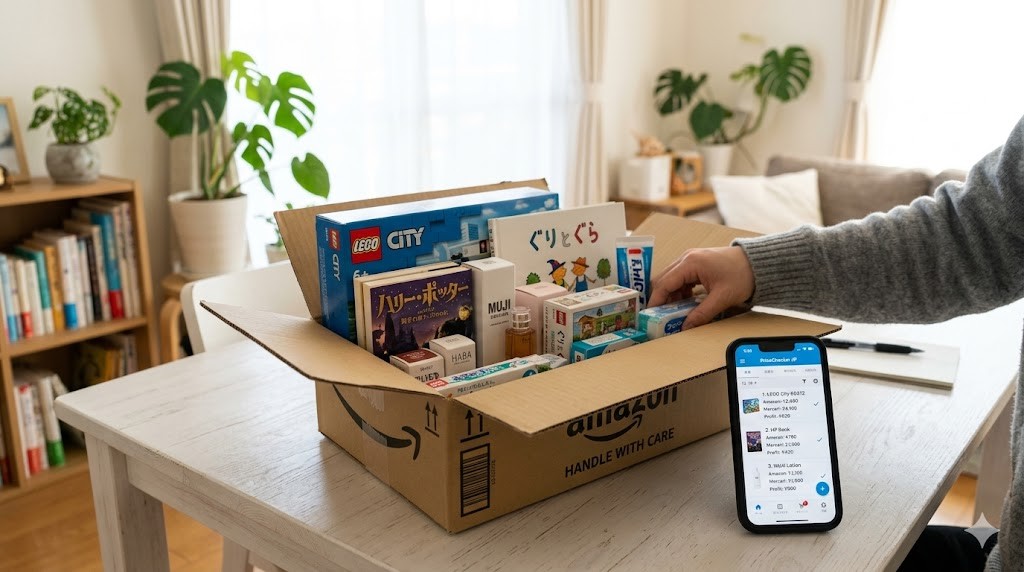 せどり・転売の作業シーン、段ボール箱の商品とスマホで価格チェック
