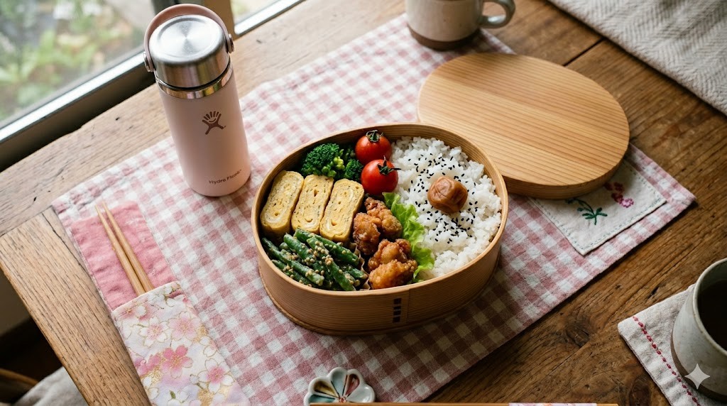 木製の弁当箱に卵焼き・唐揚げ・ブロッコリー・ミニトマトが彩りよく詰められた中学生女子のお弁当