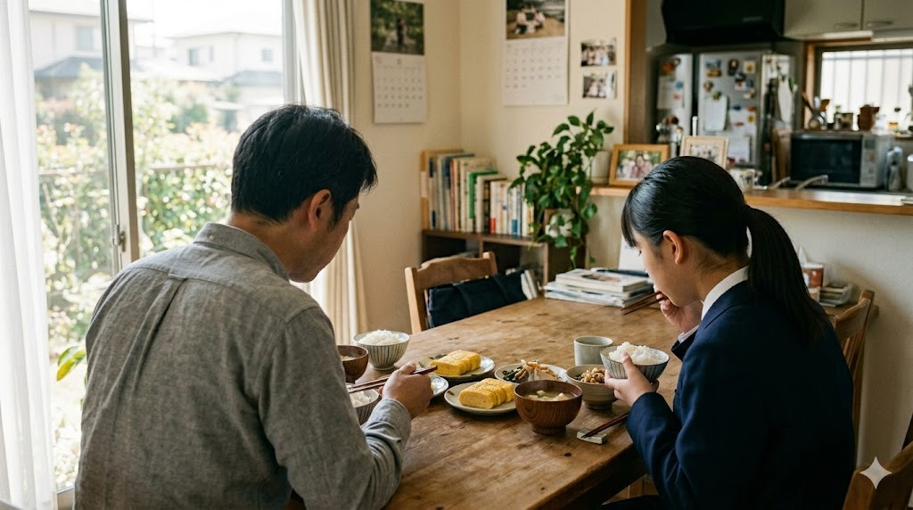 朝の光が差し込むダイニングで父親と中学生の娘が朝食を食べる後ろ姿