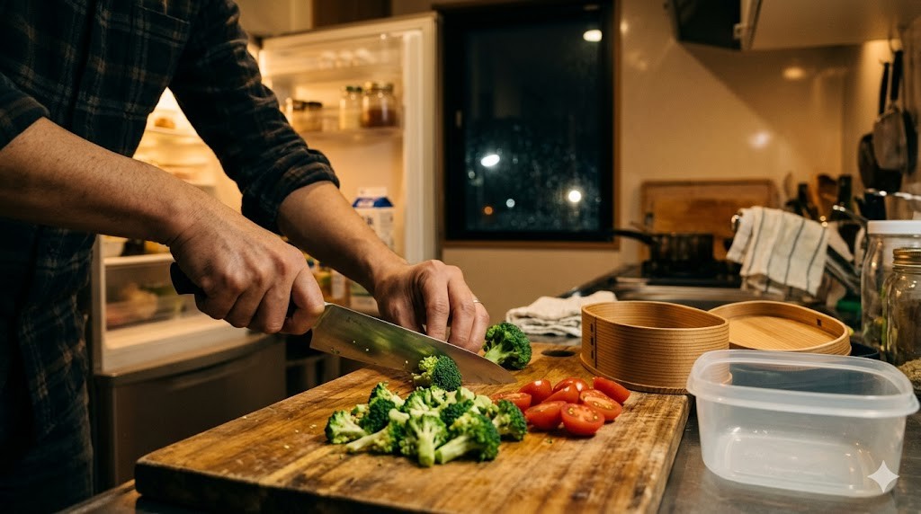 夜のキッチンで翌朝のお弁当の野菜を切る父親の手元、冷蔵庫の柔らかい光