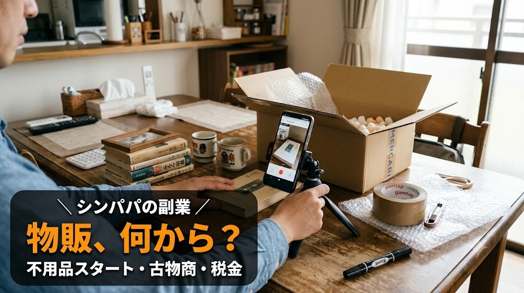 家庭のテーブルで不用品をメルカリ出品する準備のシーン