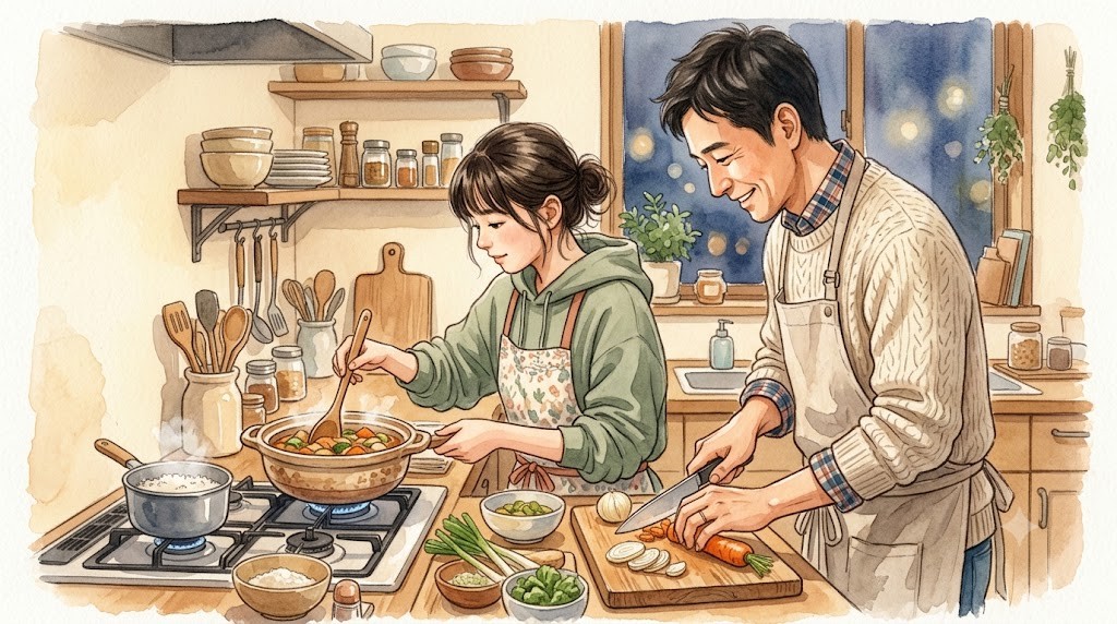 キッチンで一緒に夕食の準備をする父親と思春期の娘の水彩イラスト