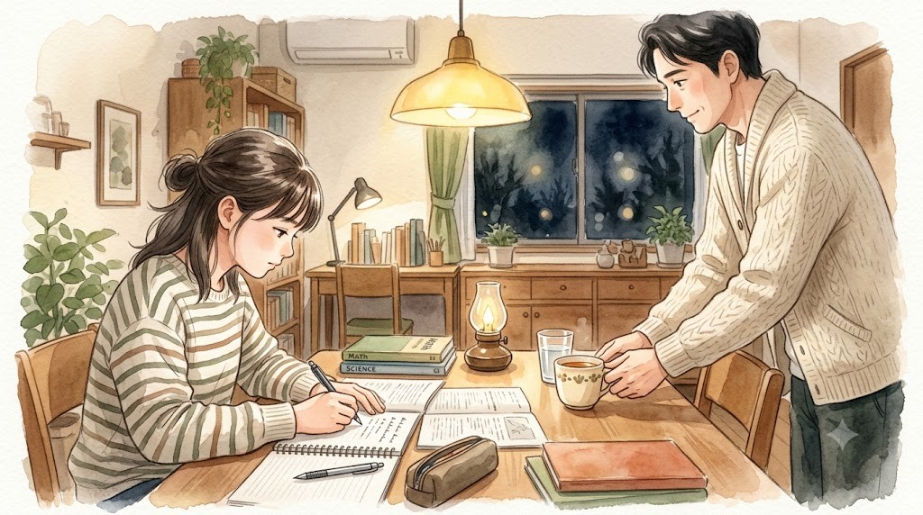 夜のダイニングで勉強する娘にお茶を出して見守る父親の水彩イラスト