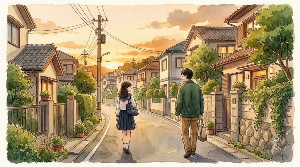 夕暮れの住宅街を少し離れて歩く思春期の娘と父親の後ろ姿