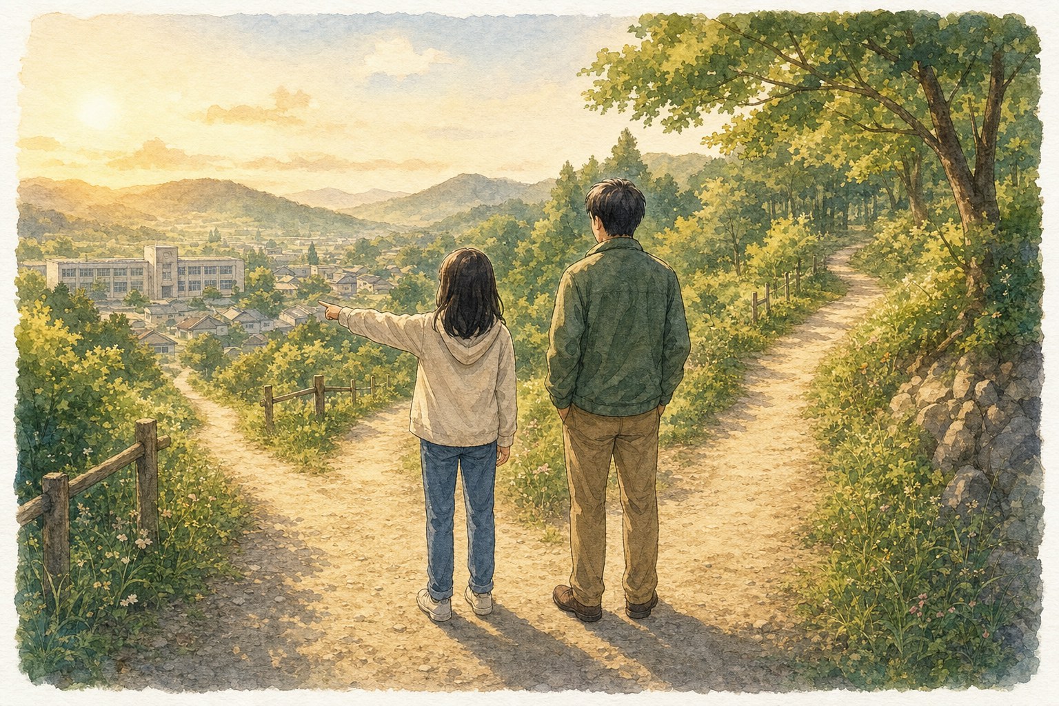 分かれ道で行き先を指さす娘と、隣で見守る父親の後ろ姿の水彩イラスト